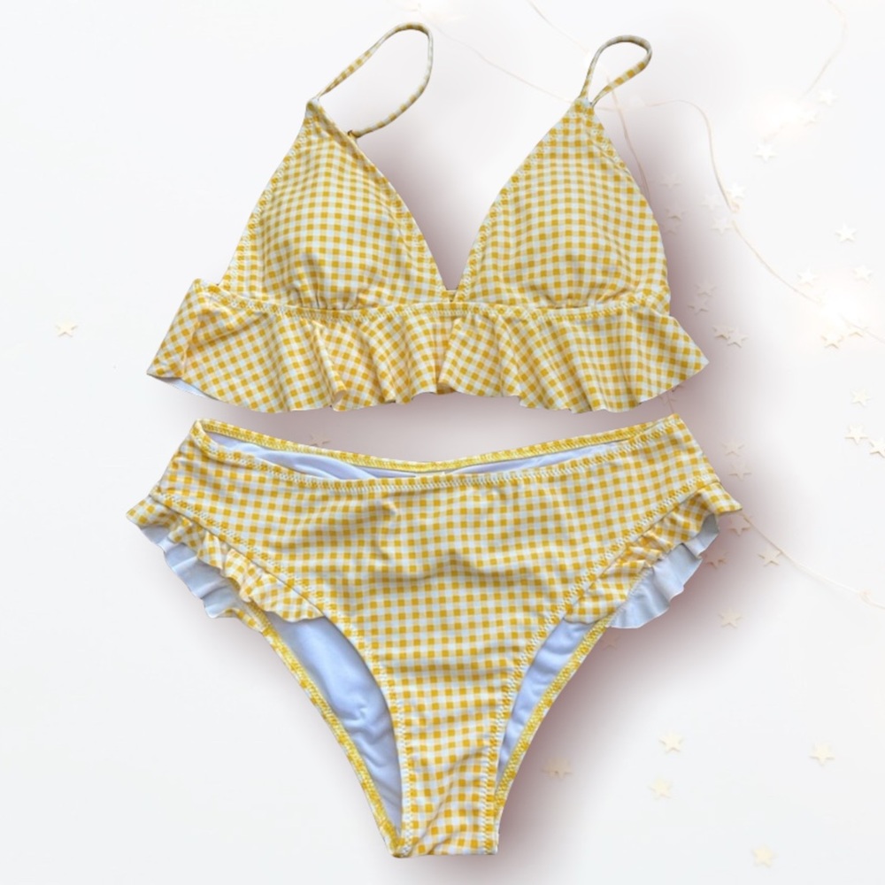 CUPSHE Yellow Gingham Ruffle Bikini | MED - Picture 5 of 6